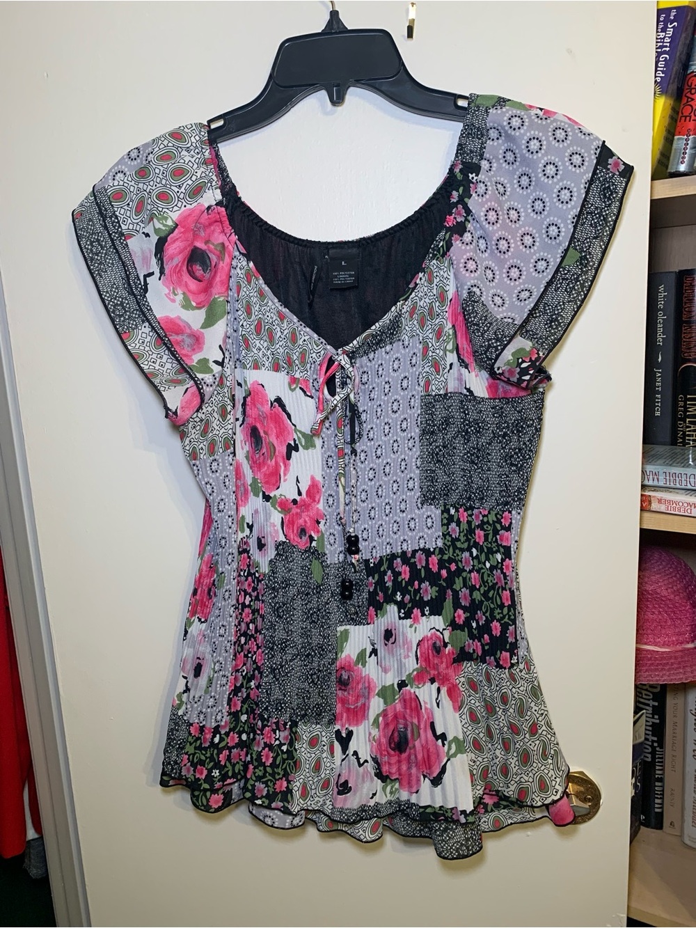 new directions Black, Pink and White Floral Patchwork Short Sleeve Blouse